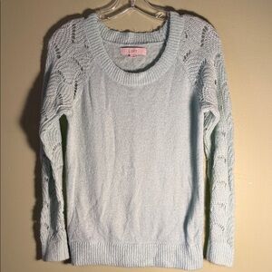 LOFT Light Mint Crewneck Sweater with Open-Stitch Sleeves